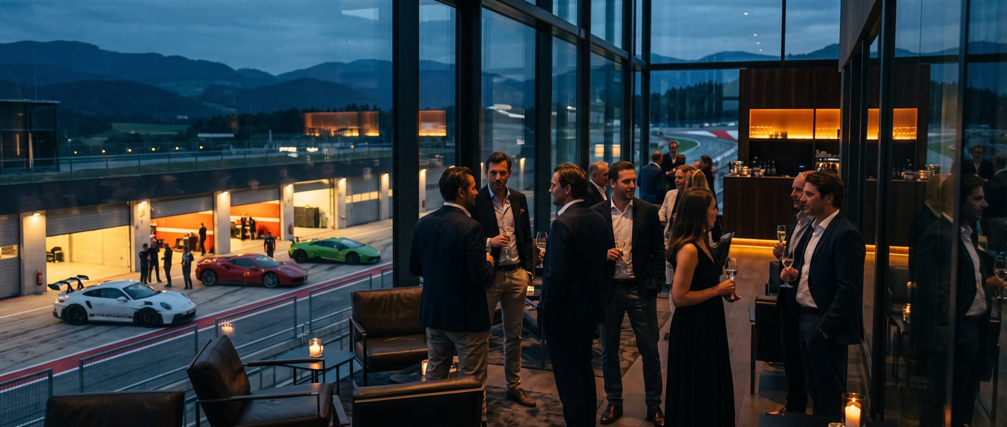 Abendempfang in der Lounge mit Blick auf die Boxengasse